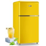 WANAI Small Refrigerator with Freezer 3.5 Cu.Ft Mini Fridge for Bedroom Dual Door Adjustable Shelves Dorm Refrigerator Suitable for Home Garage Office College Yellow