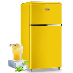WANAI Small Refrigerator with Freezer 3.5 Cu.Ft Mini Fridge for Bedroom Dual Door Adjustable Shelves Dorm Refrigerator Suitable for Home Garage Office College Yellow