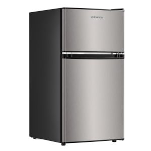 Upstreman 3.2 Cu.Ft Mini Fridge with Freezer, Double Door Mini Fridge, Adjustable Thermostat, Mini Refrigerator for Dorm, Office, Bedroom, Stainless-SD321