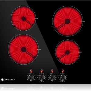 AMZCHEF 24 Inch Bulit-in Electric Cooktop, 240/6400W 11 Power Levels Ceramic Electric Stove with Knob Control,Residual Heat Indicator.