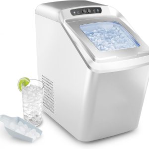 55lbs Countertop Nugget Ice Maker – Pebble Ice Machine, Soft Chewable Pellets in 5 Min, 55Lbs/24H, 3lb. Capacity, Waterline-Compatible, Self-Cleaning, Stainless-Steel + Scoop (White)