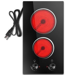 2 Burner Electric Stove, Nefaracy 12 Inch Electric Cooktop with Knob Control, Countertop & Built-in Electrical Stove Top, 2000W Ceramic Cooktop 110V, 9 Heating Level, Residual Heat Indicator, Plug in