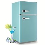 WANAI Small Refrigerator 3.5 Cu.Ft Retro Mini Fridge Freezer Two Doors Handles for Home Dorm College Office Freestanding Blue Refrigerator with LED Light and Galss Shelves