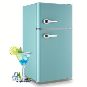 WANAI Small Refrigerator 3.5 Cu.Ft Retro Mini Fridge Freezer Two Doors Handles for Home Dorm College Office Freestanding Blue Refrigerator with LED Light and Galss Shelves
