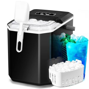 ZAFRO Ice Makers Countertop, 9 Cubes Ready in 6~12 Mins Self-Cleaning Ice Machine with Detachable Double Handle and Anti-Hollowing Basket, 2 Size of Bullet Ice for Home Kitchen Office Bar Party（Black）