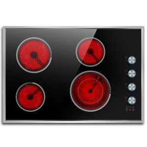 30 Inch Electric Cooktop, 4 Burner Electric Stove Top with Knob Control, 6700W Stove Top Burner with Overheat Protection, Child Lock, Timer, Durable Metal Frame, Bulit-in Glass Top 220-240V Hardwired