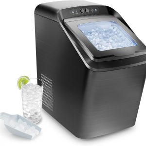 55lbs Countertop Nugget Ice Maker – Pebble Ice Machine, Soft Chewable Pellets in 5 Min, 55Lbs/24H, 3lb. Capacity, Waterline-Compatible, Self-Cleaning, Stainless-Steel + Scoop (Black)
