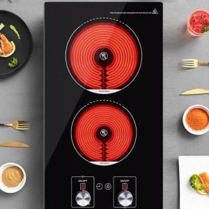 ADVWIN 2 Burner Electric Cooktop,110v Electric Cooktop with Knob Control,12 Inch Countertop & Built-in with Child Safety Lock, Timer, 9 Power Levels and Over-Temperature Protection
