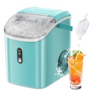 ZAFRO Portable Ice Maker Countertop with Handle/Indicator Lamps, 7 Mins Fast Ice Making, 35Lbs/24H, Nugget Ice Maker Machine with Ice Basket/Ice Scoop for Home/Office/Restaurant/Bar, Green