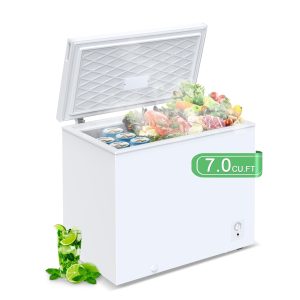 7.0 Cubic Feet Chest Freezer, Deep Freezer with Removable Basket, 8 Adjustable Thermostat (-12°F to 10.2°F), Easy Front Defrost Drain, Compact Freezers Free Standing Top Open Door for Homes, White