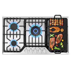 36 inch Gas Cooktop with Grill/Griddle, Gas Stove Top with 5 Italy Sabaf Sealed Burners, Max 48,300 BTU Built-in Gas Stove, 304 Stainless Steel Propane Cooktop, NG/LPG Convertible, CSA Certified