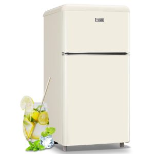 WANAI Small Refrigerator with Freezer 3.5 Cu.Ft Mini Fridge for Bedroom Dual Door Adjustable Shelves Dorm Refrigerator Suitable for Home Garage Office College Cream White