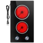 2 Burner Electric Cooktop, 12 Inch Electric Stove Top, 120V Stove Top Burner Knob Control, 2000W Countertop Stove with Timer, 9 Heating Levels, Overheat Protection, High-Temp Alarm Pladeca