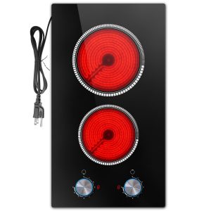 2 Burner Electric Cooktop, 12 Inch Electric Stove Top, 120V Stove Top Burner Knob Control, 2000W Countertop Stove with Timer, 9 Heating Levels, Overheat Protection, High-Temp Alarm Pladeca
