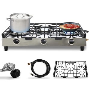 3 Burner Propane Stove - Stainless Steel Propane Portable Cooktop with Grate Propane Range Countertop Stove Gas Burner Indian Style Gas Stove for Cooking Outdoors on Propane Gas Cooktop Camping Stove