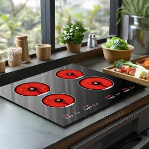 4 Burner Electric Stove Top，24 Inch Built-in Stove Top,6000W Electric Ceramic Cooktop with 4H Timer, Kid Safety Lock and Knob Control, 9 Heating Level,220v(no plug)