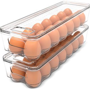 Utopia Home Egg Container With Lid and Handle for Refrigerator - Pack of 2 - Clear Stackable Egg Holder for Kitchen Storage and organization