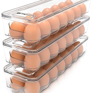 Utopia Home Egg Container With Lid and Handle for Refrigerator - Pack of 3 - Clear Stackable Egg Holder for Kitchen Storage and organization