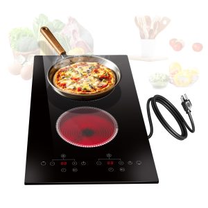2 Burner Electric Cooktop, 120V Electric Stove Top Touch Control, 12 Inch Double Burner Countertop 2000W with Timer & 9-Level Adjustment, Child Lock, Built-in Radiant Plug In Stove Top Pladeca