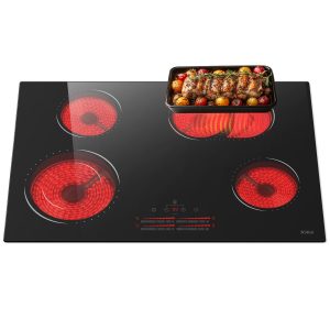 30 inch Electric Cooktop, 4 Burner Cooktop, Electric Stove Top Burner, Built-in Ceramic Stove Top with Sliding Control, Timer, Safety Lock, 9 Power Levels 6800W, 220V-240V Hard Wired (No Plug)