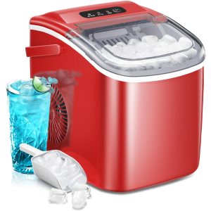 AGLUCKY Portable Ice Maker Machine Countertop with Handle,26Lbs/24H,9 Bullet Ice Ready in 7 Mins,Self-Cleaning Function with Ice Scoop and Basket,Ideal for Home Office Kitchen (Red)
